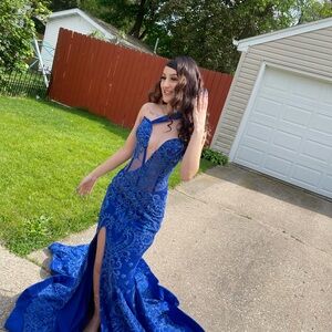 Elegant Blue Gown with Lace Details